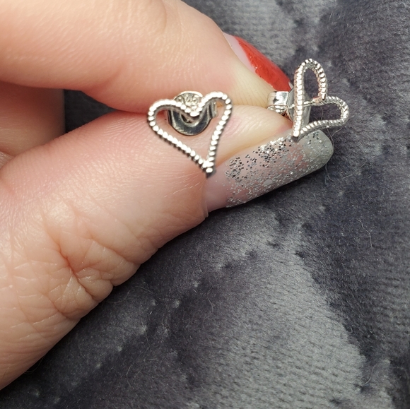Sterling Silver Stud Textured Heart Earrings - Picture 2 of 2